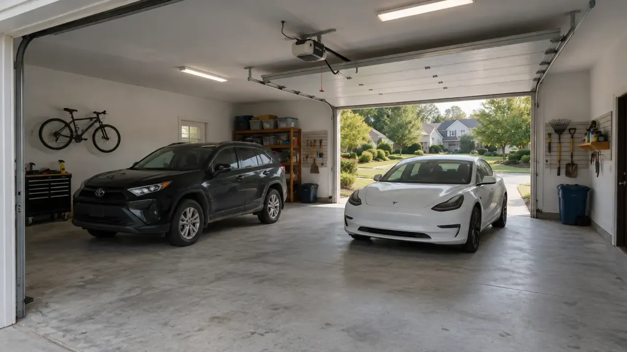 Before: bare, stained concrete garage floor